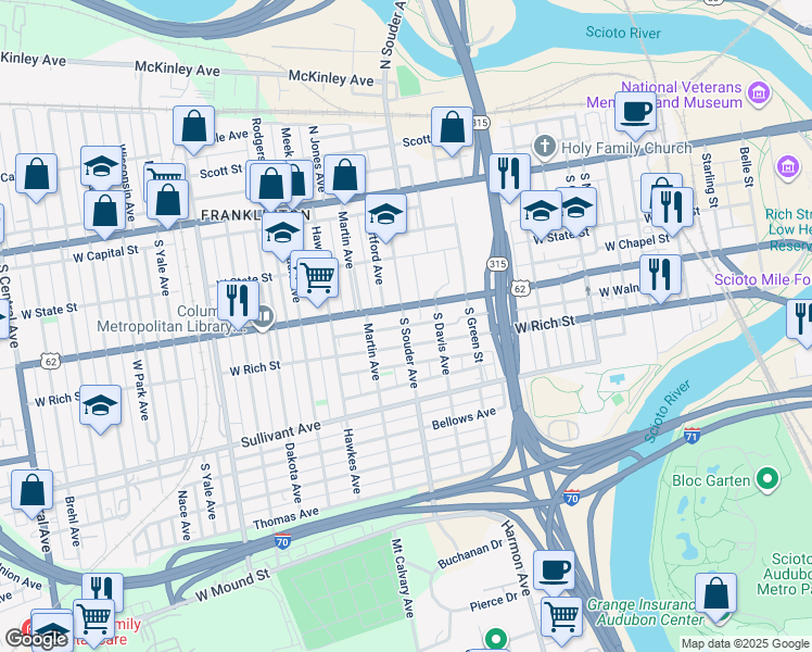 map of restaurants, bars, coffee shops, grocery stores, and more near S Souder Ave & W Walnut St in Columbus