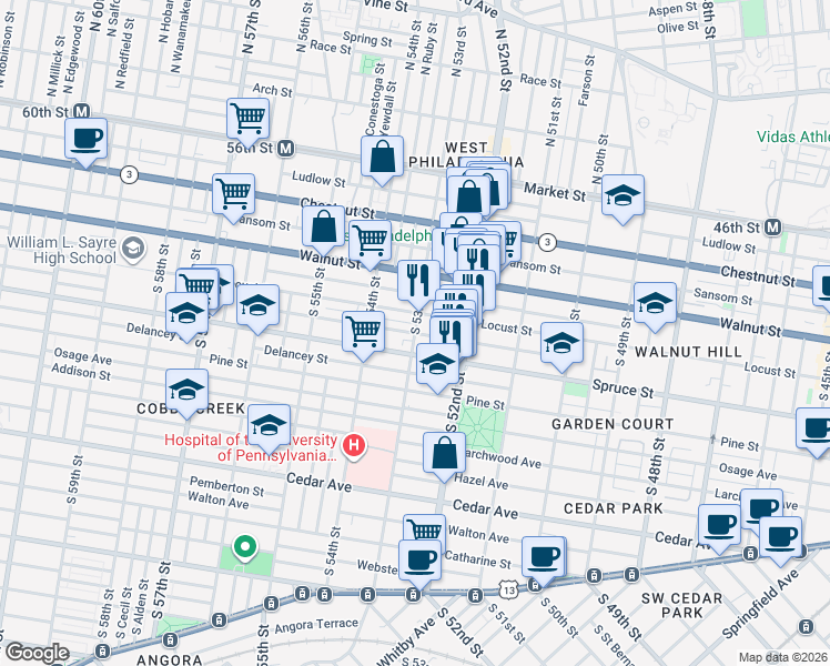 map of restaurants, bars, coffee shops, grocery stores, and more near Irving Street in Philadelphia