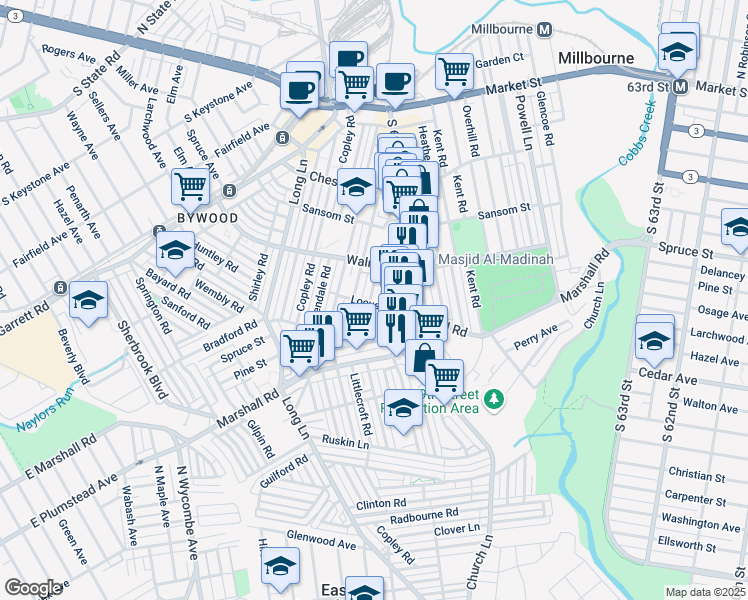 map of restaurants, bars, coffee shops, grocery stores, and more near 253 Maypole Road in Upper Darby