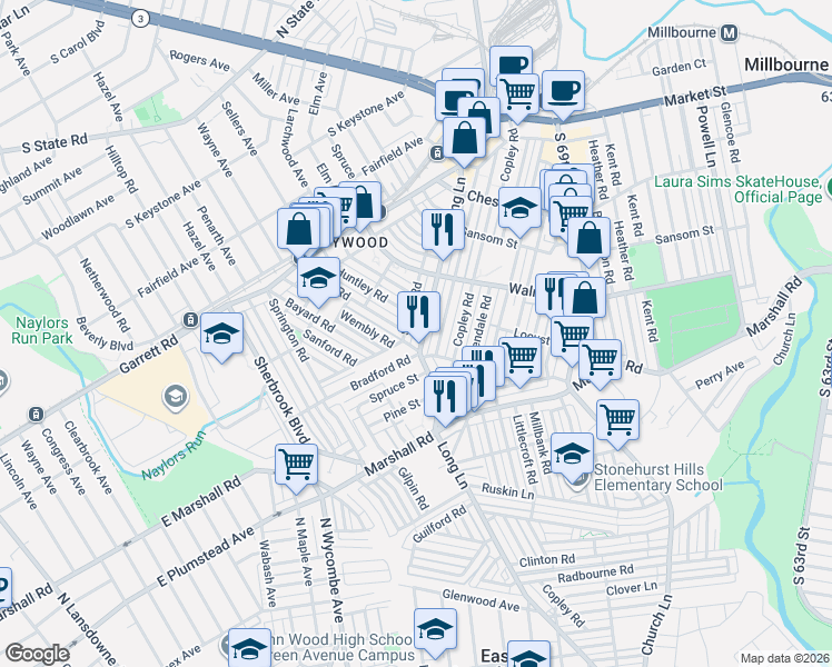 map of restaurants, bars, coffee shops, grocery stores, and more near 243 Long Lane in Delaware County