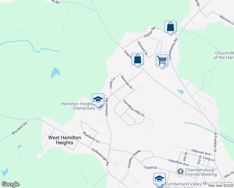 map of restaurants, bars, coffee shops, grocery stores, and more near 1747 Johnson Road in Chambersburg