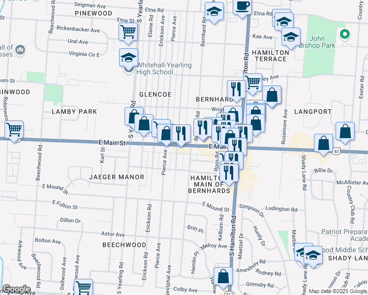 map of restaurants, bars, coffee shops, grocery stores, and more near 4371 East Main Street in Whitehall