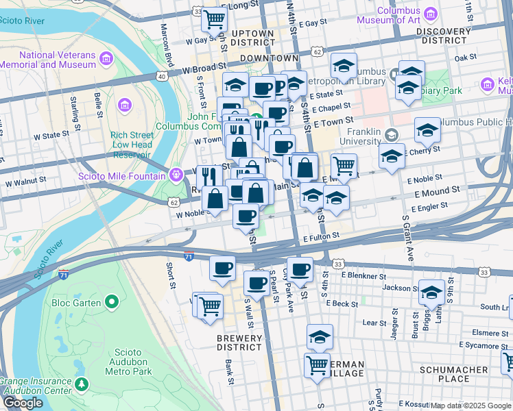 map of restaurants, bars, coffee shops, grocery stores, and more near 330 South High Street in Columbus