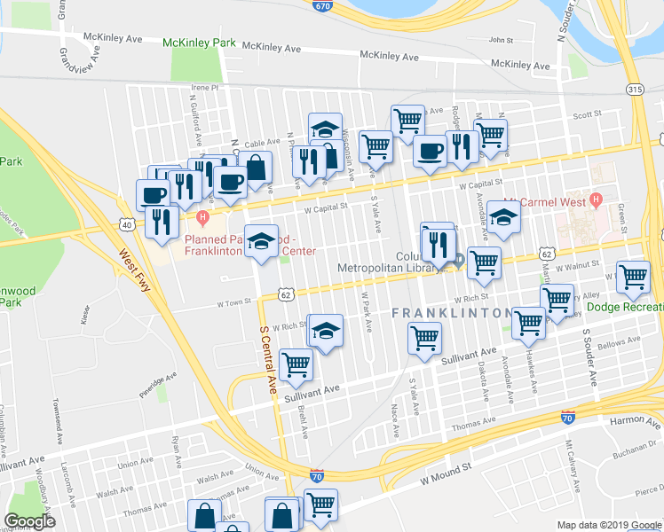 map of restaurants, bars, coffee shops, grocery stores, and more near 132 South Princeton Avenue in Columbus