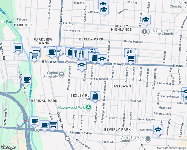 map of restaurants, bars, coffee shops, grocery stores, and more near 684 South Cassingham Road in Columbus