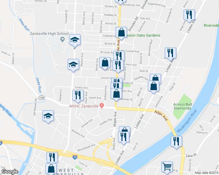 map of restaurants, bars, coffee shops, grocery stores, and more near 631 Forest Avenue in Zanesville