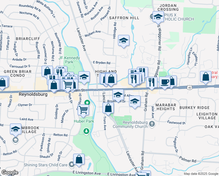 map of restaurants, bars, coffee shops, grocery stores, and more near 7360 East Main Street in Reynoldsburg