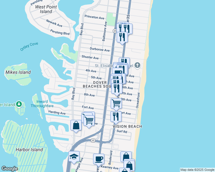 map of restaurants, bars, coffee shops, grocery stores, and more near 407 West Pennsylvania Avenue in Seaside Heights