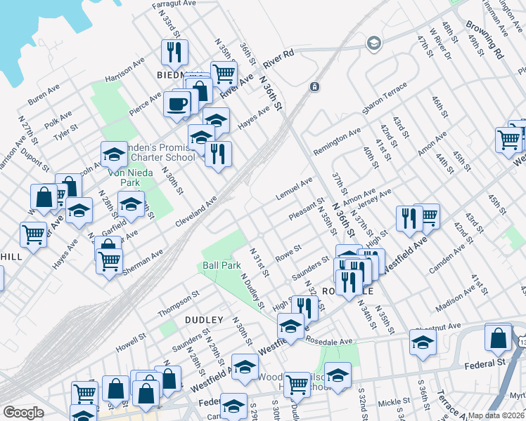 map of restaurants, bars, coffee shops, grocery stores, and more near 637 North 32nd Street in Camden