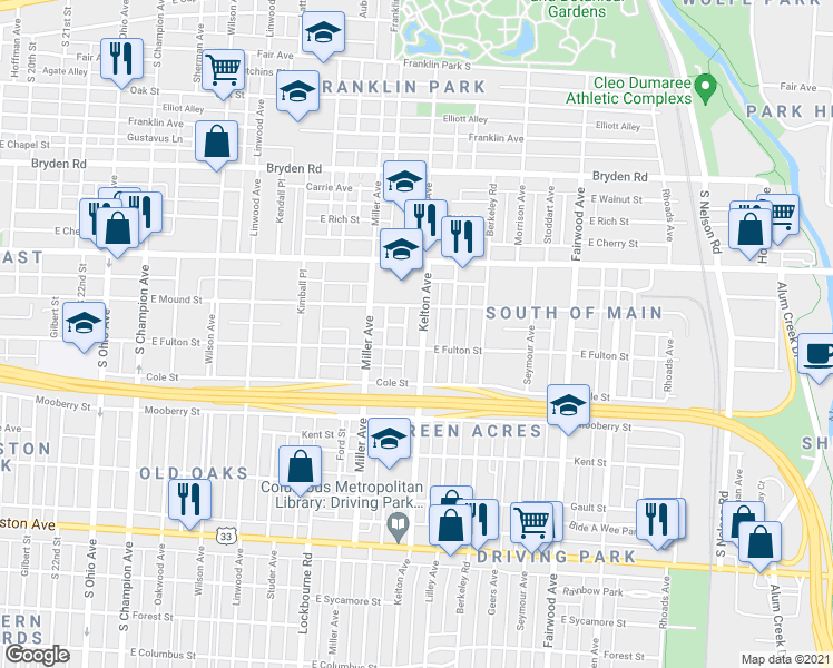 map of restaurants, bars, coffee shops, grocery stores, and more near 545 Kelton Avenue in Columbus