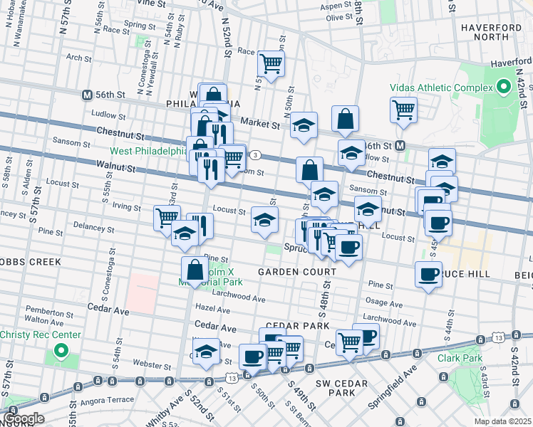 map of restaurants, bars, coffee shops, grocery stores, and more near 228 South 50th Street in Philadelphia