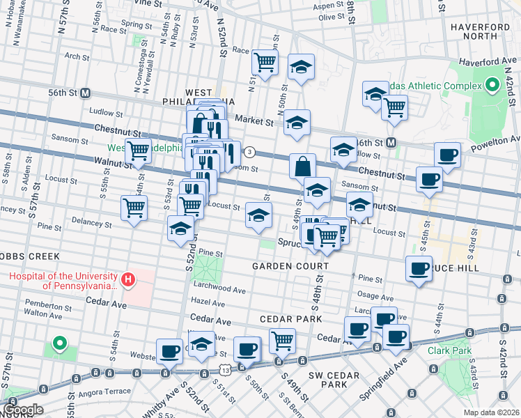 map of restaurants, bars, coffee shops, grocery stores, and more near 228 South 50th Street in Philadelphia