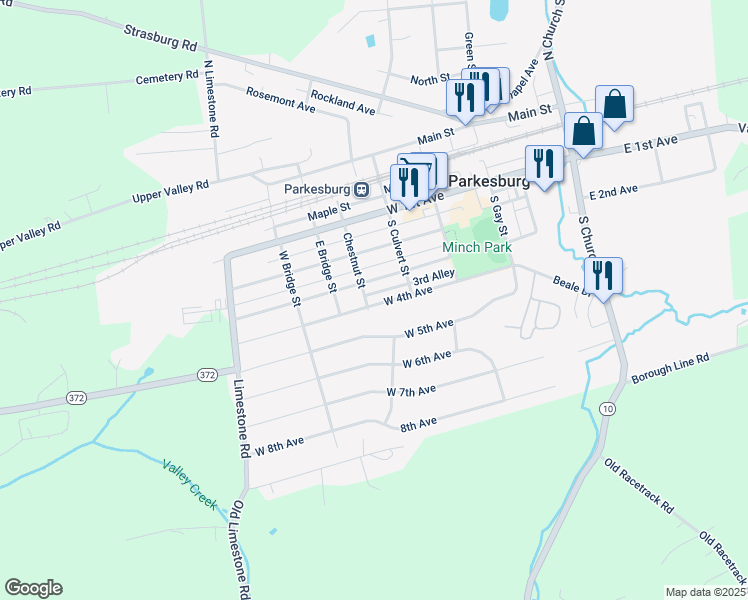 map of restaurants, bars, coffee shops, grocery stores, and more near 325 Chestnut Street in Parkesburg
