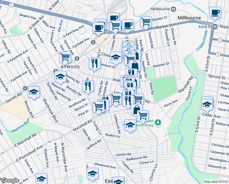 map of restaurants, bars, coffee shops, grocery stores, and more near 300 Richfield Road in Upper Darby