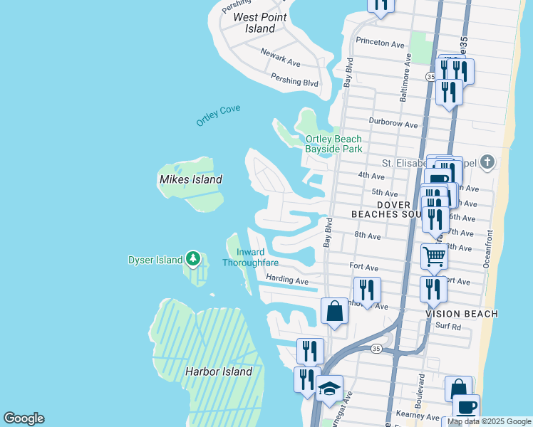map of restaurants, bars, coffee shops, grocery stores, and more near 22 6th Terrace in Seaside Heights