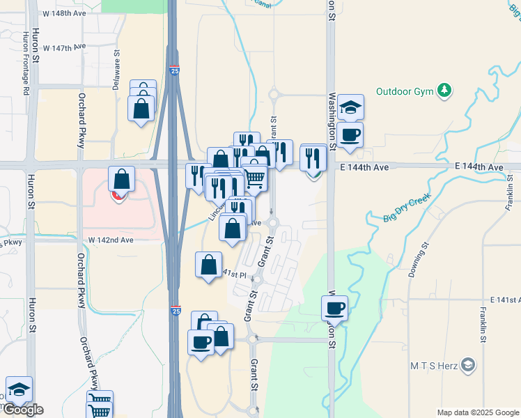 map of restaurants, bars, coffee shops, grocery stores, and more near 13081 Grant Street in Thornton