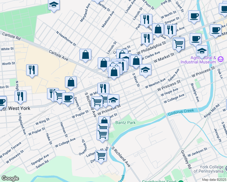 map of restaurants, bars, coffee shops, grocery stores, and more near 47 South Royal Street in York