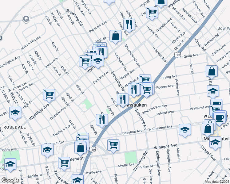 map of restaurants, bars, coffee shops, grocery stores, and more near 2341 49th Street in Pennsauken Township