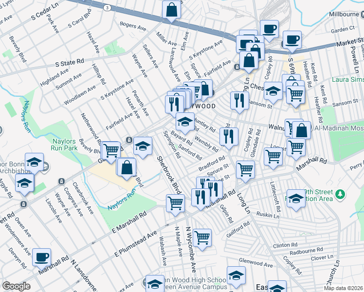 map of restaurants, bars, coffee shops, grocery stores, and more near 295 Madeira Road in Delaware County
