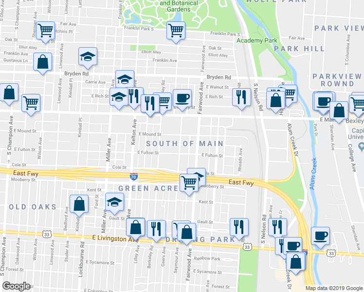 map of restaurants, bars, coffee shops, grocery stores, and more near 566 Seymour Avenue in Columbus