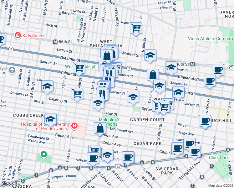 map of restaurants, bars, coffee shops, grocery stores, and more near 5112 Locust Street in Philadelphia