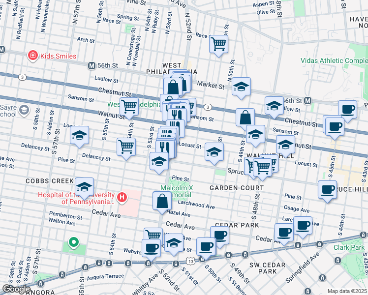 map of restaurants, bars, coffee shops, grocery stores, and more near 5126 Locust Street in Philadelphia