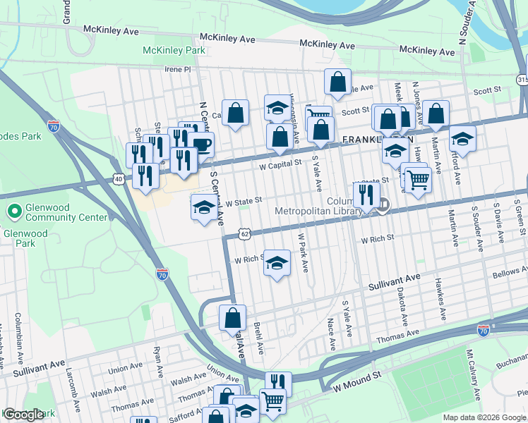 map of restaurants, bars, coffee shops, grocery stores, and more near 119 Dana Avenue in Columbus