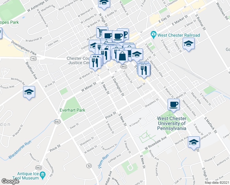 map of restaurants, bars, coffee shops, grocery stores, and more near 218 W Union St in West Chester