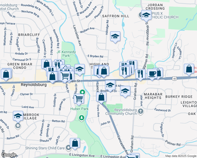 map of restaurants, bars, coffee shops, grocery stores, and more near 7360 East Main Street in Reynoldsburg