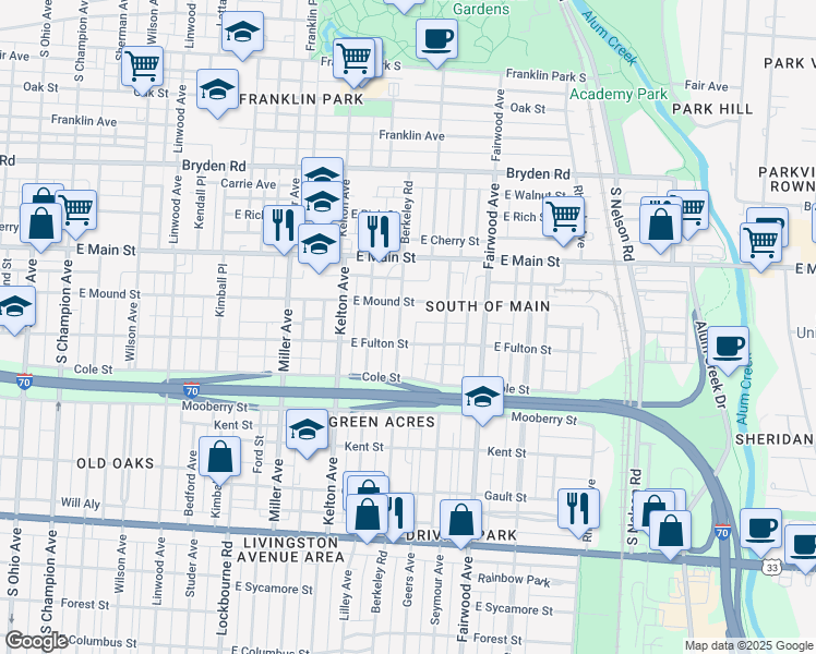 map of restaurants, bars, coffee shops, grocery stores, and more near 556 Berkeley Road in Columbus