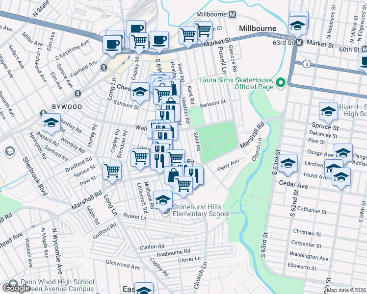map of restaurants, bars, coffee shops, grocery stores, and more near 229 Barrington Road in Delaware County