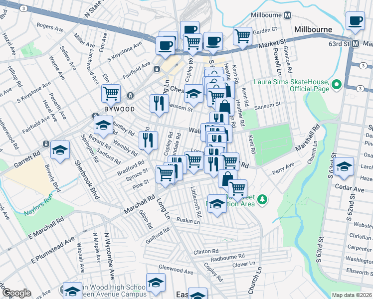 map of restaurants, bars, coffee shops, grocery stores, and more near 301 Hampden Road in Delaware County