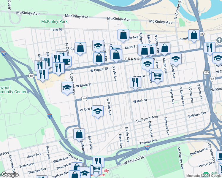 map of restaurants, bars, coffee shops, grocery stores, and more near 140 West Park Avenue in Columbus