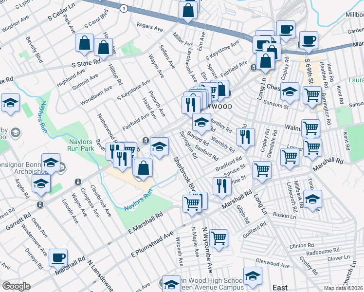 map of restaurants, bars, coffee shops, grocery stores, and more near 331 Margate Road in Delaware County