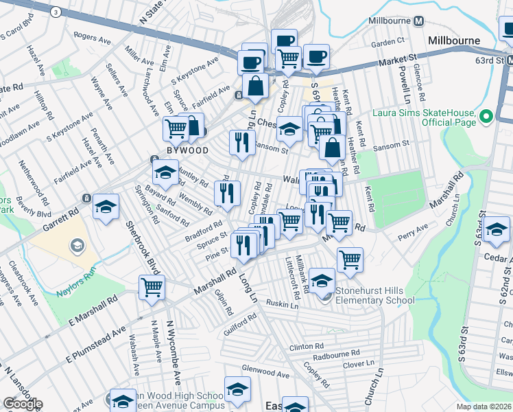 map of restaurants, bars, coffee shops, grocery stores, and more near 265 Copley Road in Delaware County