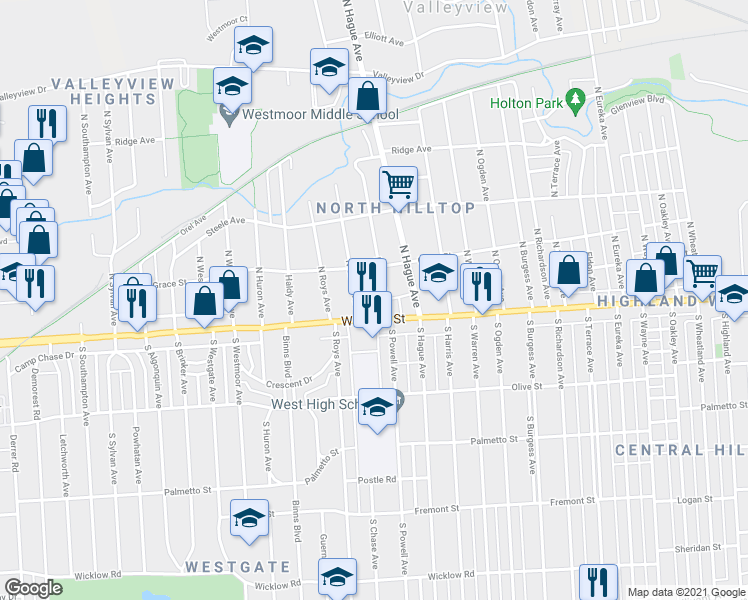 map of restaurants, bars, coffee shops, grocery stores, and more near 11 North Powell Avenue in Columbus