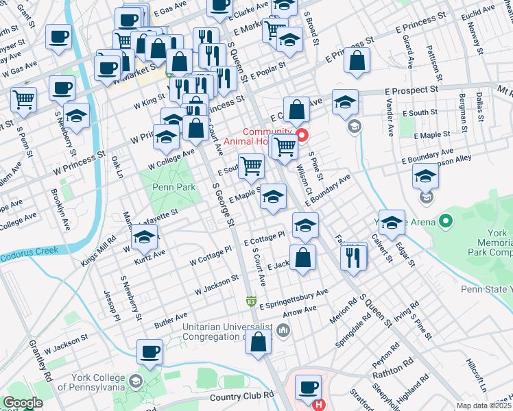 map of restaurants, bars, coffee shops, grocery stores, and more near 526 South Duke Street in York
