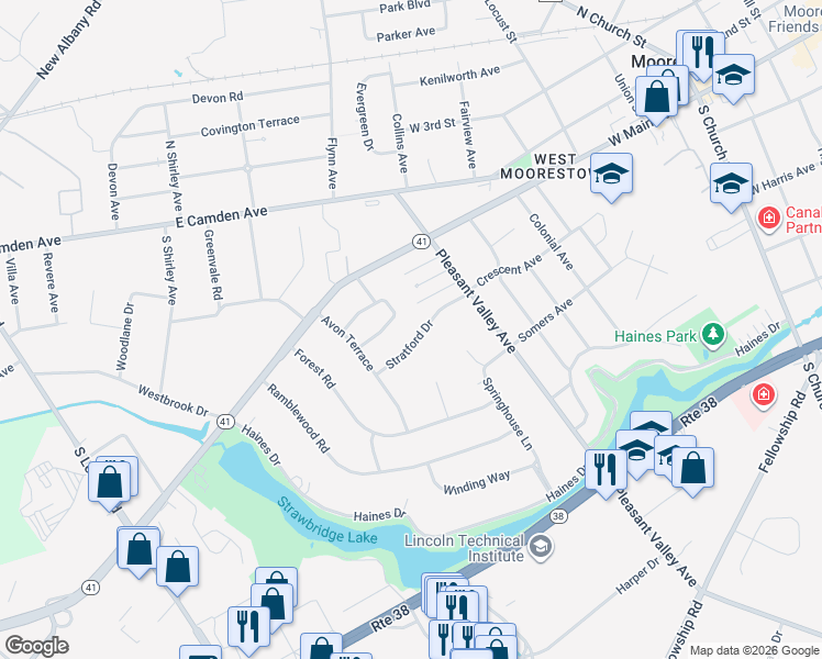 map of restaurants, bars, coffee shops, grocery stores, and more near 603 Stratford Drive in Moorestown