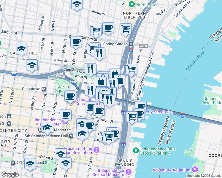 map of restaurants, bars, coffee shops, grocery stores, and more near 255 North Bodine Street in Philadelphia