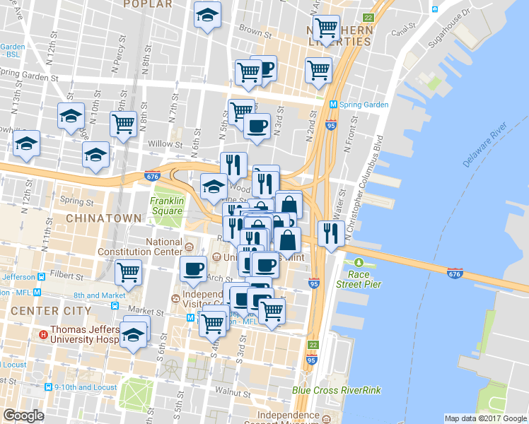 map of restaurants, bars, coffee shops, grocery stores, and more near 255 North Bodine Street in Philadelphia