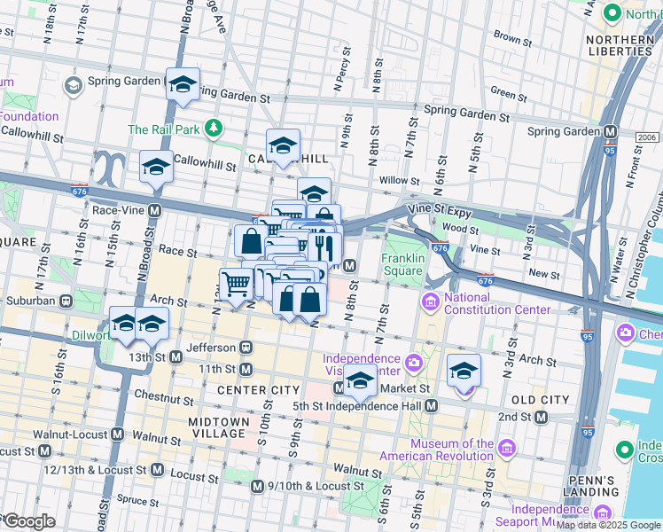 map of restaurants, bars, coffee shops, grocery stores, and more near 923 Race Street in Philadelphia