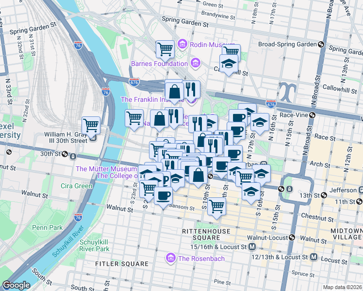 map of restaurants, bars, coffee shops, grocery stores, and more near 2030 Arch Street in Philadelphia