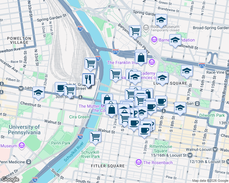 map of restaurants, bars, coffee shops, grocery stores, and more near 2301 John F Kennedy Boulevard in Philadelphia