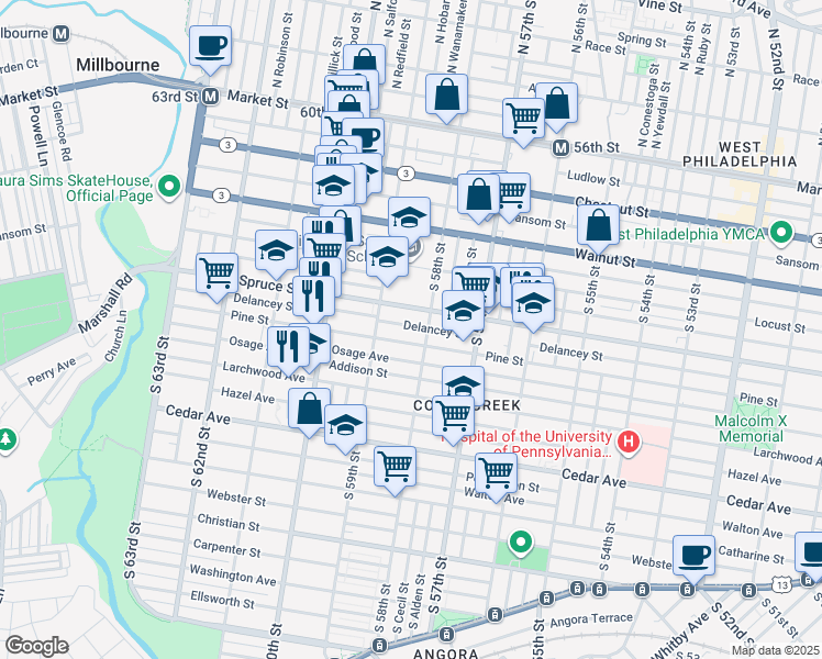 map of restaurants, bars, coffee shops, grocery stores, and more near 5810 Delancey Street in Philadelphia