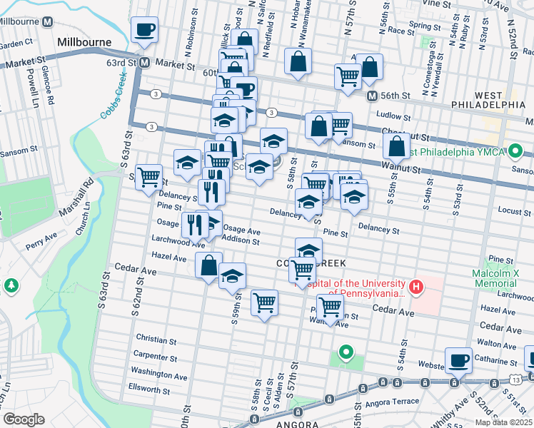 map of restaurants, bars, coffee shops, grocery stores, and more near 5810 Delancey Street in Philadelphia