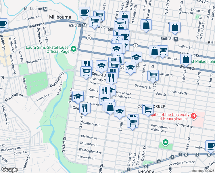 map of restaurants, bars, coffee shops, grocery stores, and more near 6020 Pine Street in Philadelphia