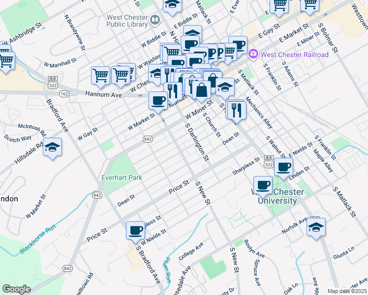 map of restaurants, bars, coffee shops, grocery stores, and more near 237 West Union Street in West Chester