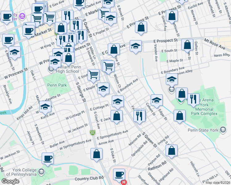 map of restaurants, bars, coffee shops, grocery stores, and more near 601 South Queen Street in York