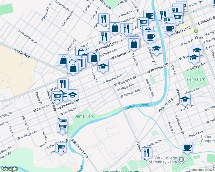 map of restaurants, bars, coffee shops, grocery stores, and more near 543 West Princess Street in York
