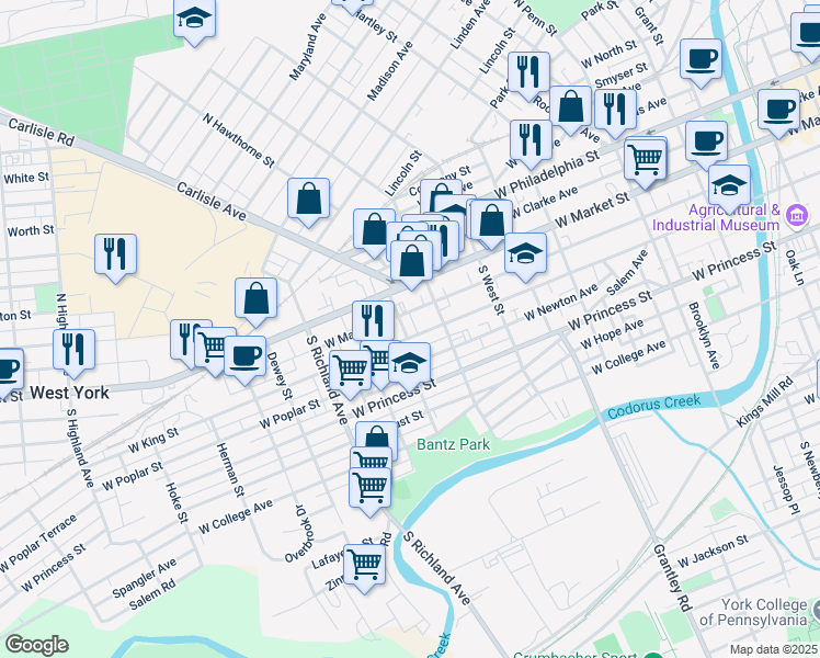 map of restaurants, bars, coffee shops, grocery stores, and more near 47 South Royal Street in York